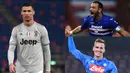 Fabio Quagliarella kudeta Cristiano Ronaldo usai dua gol yang dicetak ke gawang Udinese. Sementara itu Ronald membayangi dibawahnya dengan selisih satu gol saja. (Kolase Foto AFP)