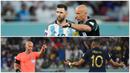 Foto kolase wasit asal Polandia, Szymon Marciniak saat memimpin pertandingan Argentina melawan Australia di babak 16 besar Piala Dunia 2022 (atas). Dan memberikan peringatan kepada Kylian Mbappe saat Prancis bertemu Polandia di grup D Piala Dunia 2022. (AP Photo/Jorge Saenz, AFP/Natalia Kolesnikova)