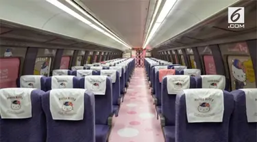 Negeri Sakura memamerkan kereta api super cepat dengan nuansa serba Hello Kitty, lengkap dengan gerbong khusus yang dihiasi gambar kartun kucing khas Jepang itu.