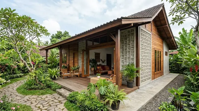 Inspirasi Rumah Desa Kombinasi Kayu dan Roster agar Lebih Adem