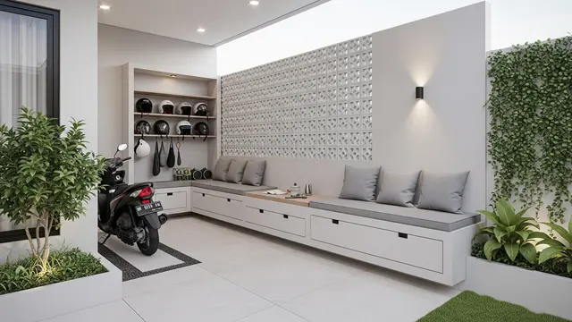 Model Teras Rumah Modern dengan Rak Helm & Parkir Motor Tertata/ Ilustrasi AI