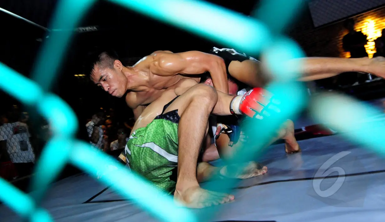Salah satu atlet melakukan tehnik penguncian lawan pada ajang XXC Championship 2015 yang dihelat di Embrio Markas Cafe, Jakarta, Minggu (12/04/15). XCC Championship 2015 salah satu olah raga bela diri MMA (Mixed Matrial Arts). (Liputan6.com/Faisal R Syam)