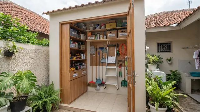 Desain gudang mini 1x2 meter di samping rumah sebagai contoh yang bisa jadi ruang serbaguna model gudang sekaligus area gantung