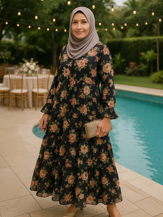Gamis Abaya Motif Bunga untuk Kondangan Ibu-ibu Usia 50 Tahunan