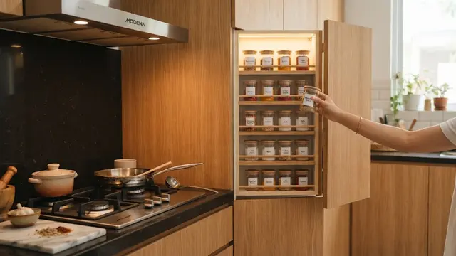 Ide rak bumbu yang menyatu dengan dinding dapur sehingga terlihat rapi dan elegan, model pintu yang menyatu dengan dinding kayu