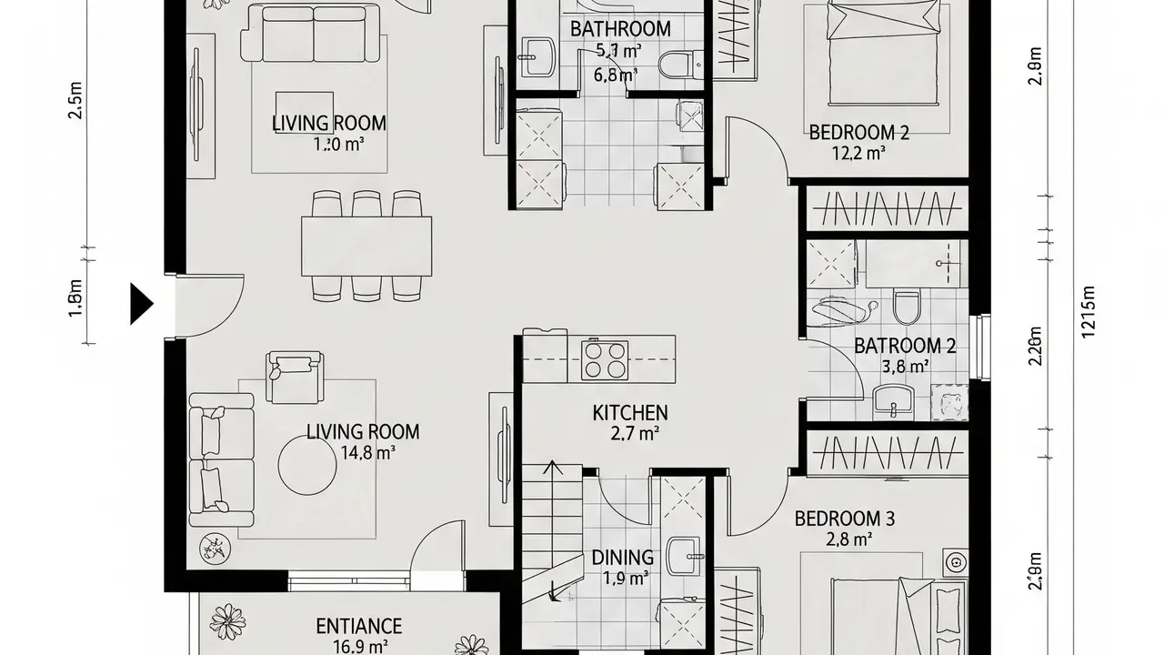 Denah Rumah Kampung 1 Lantai 3 Kamar (Image by Gemini AI)
