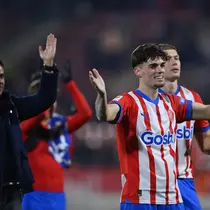 Pemain belakang Girona Miguel Gutierrez merayakan kemenangan timnya atas  Deportivo Alaves di Stadion Montilivi, Girona, 18 Desember 2023. Girona menang 3-0.(Pau BARRENA / AFP)