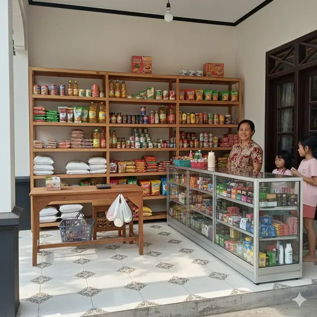 Desain Warung Sembako dengan Etalase Kaca Minimalis (Image byGemini AI)