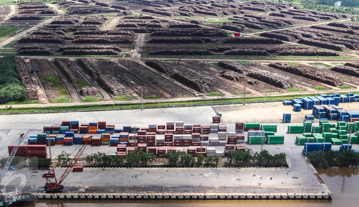 Aktivitas bongkar muat kapal saat bersandar di Pelabuhan PT. Indah Kiat Pulp and Paper, Kabupaten Siak, Riau, dari helikopter, (18/07). Kapal-kapal tersebut hanya bisa bersandar maksimal 3 hari atau menunggu air pasang surut. (Liputan6.com/Fery Pradolo)