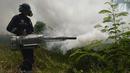 Petugas dari Puskesmas Kecamatan Cengkareng melakukan fogging untuk membasmi nyamuk Demam Berdarah di Kawasan Kedaung, Jakarta Barat, Selasa (23/4). fogging dilakukan untuk memutus rantai penularan penyakit demam berdarah yang ditularkan oleh nyamuk Aedes aegypti. (merdeka.com/Imam Buhori)