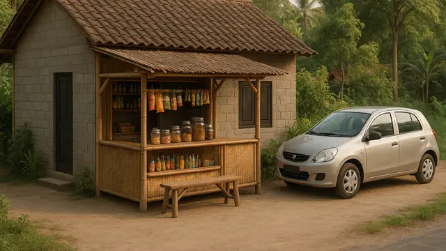 Model Rumah Sederhana dari Bambu dan Batako dengan Warung di Teras