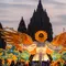 Orang-orang berkumpul di depan "Sunflower Angel", instalasi seni fiberglass setinggi sembilan meter karya seniman lokal Arrofi Ramadhan, di Candi Prambanan, kompleks candi Hindu abad ke-9 yang terdaftar sebagai Situs Warisan Dunia UNESCO, Sleman, Yogyakarta, pada Sabtu 6 Juni 2026. (DEVI RAHMAN/AFP)
