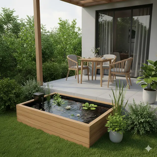 Kolam Ikan Mini Kayu di Teras Rumah