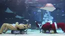Aksi sinterklas dan penyelam lainnya saat menghibur pengunjung di Coex Aquarium di Kota Seoul, Korea Selatan (4/12/2019). Kegiatan ini untuk menyambut Natal 2019. (AP Photo/Ahn Young-joon)