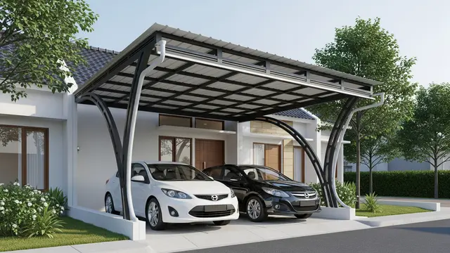 Model Carport Minimalis untuk 2 Mobil di Lahan Sempit dengan Rangka Besi Hollow