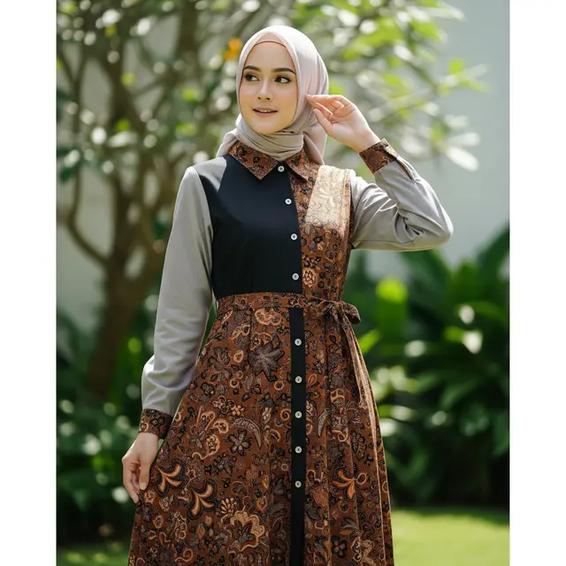 Dress Batik Kombinasi dengan Aksen Kancing Depan