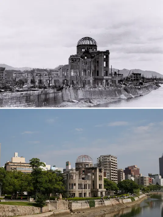 Gedung Pameran Produk Industri Prefektur Hiroshima (atas), Jepang pada oktober 1945. UNESCO menetapkan Monumen Perdamaian Hiroshima sebagai Situs Warisan Dunia (REUTERS/Shigeo Hayashi/Nagasaki Atomic Bomb Museum /Handout via Reuters /Issei Kato)
