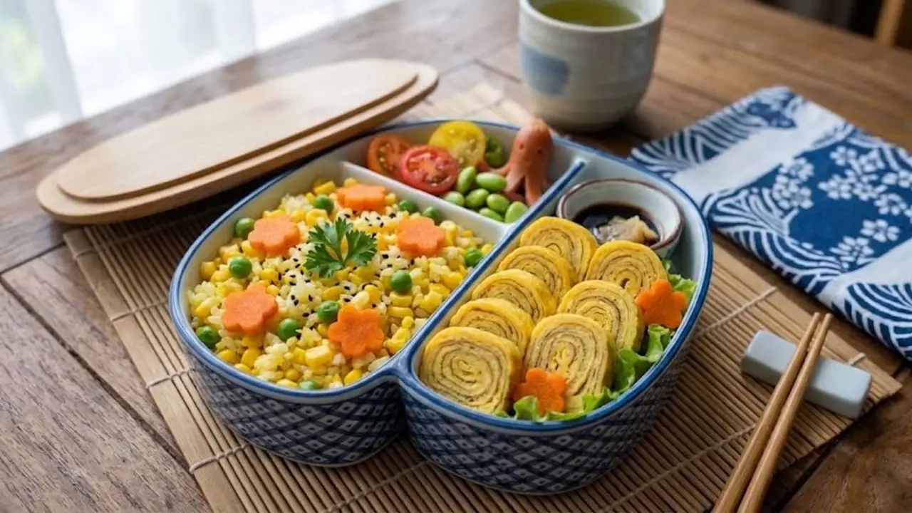 Bento Tamagoyaki dengan Nasi Jagung dan Kacang Polong