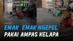 Seorang emak-emak mengepel lantai pakai ampas kelapa.