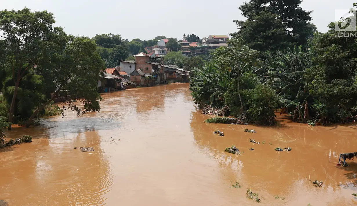Suasana aliran Sungai Ciliwung yang meluap di kawasan Pejaten Timur, Jakarta, Jumat (26/4). Banjir kiriman melalui Sungai Ciliwung yang berasal dari Bogor tersebut mengakibatkan sejumah wilayah di Ibukota terendam banjir. (Liputan6.com/Immanuel Antonius)