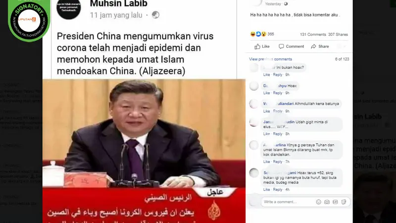 [Cek Fakta] Presiden China Umumkan Virus Corona Sudah Jadi Epidemi dan Minta Doa Umat Islam?