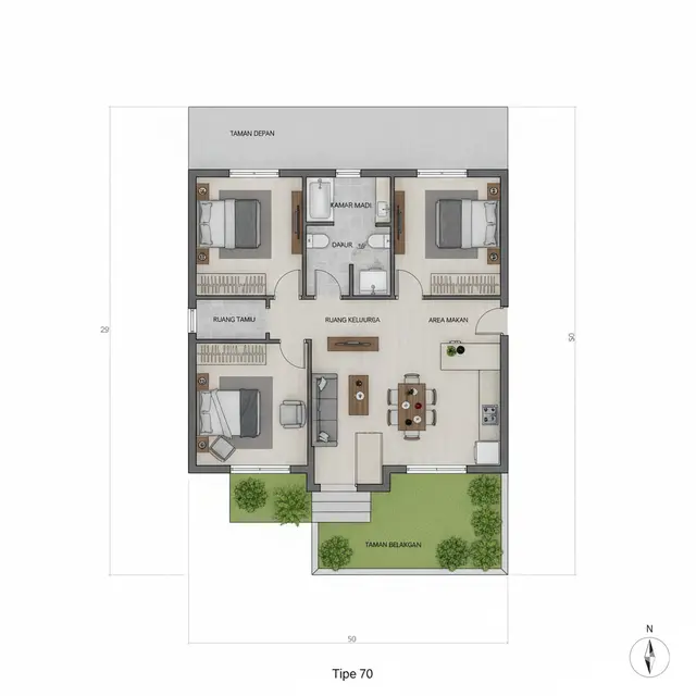 Desain Rumah Tipe 70 di Tanah Memanjang. Gemini
