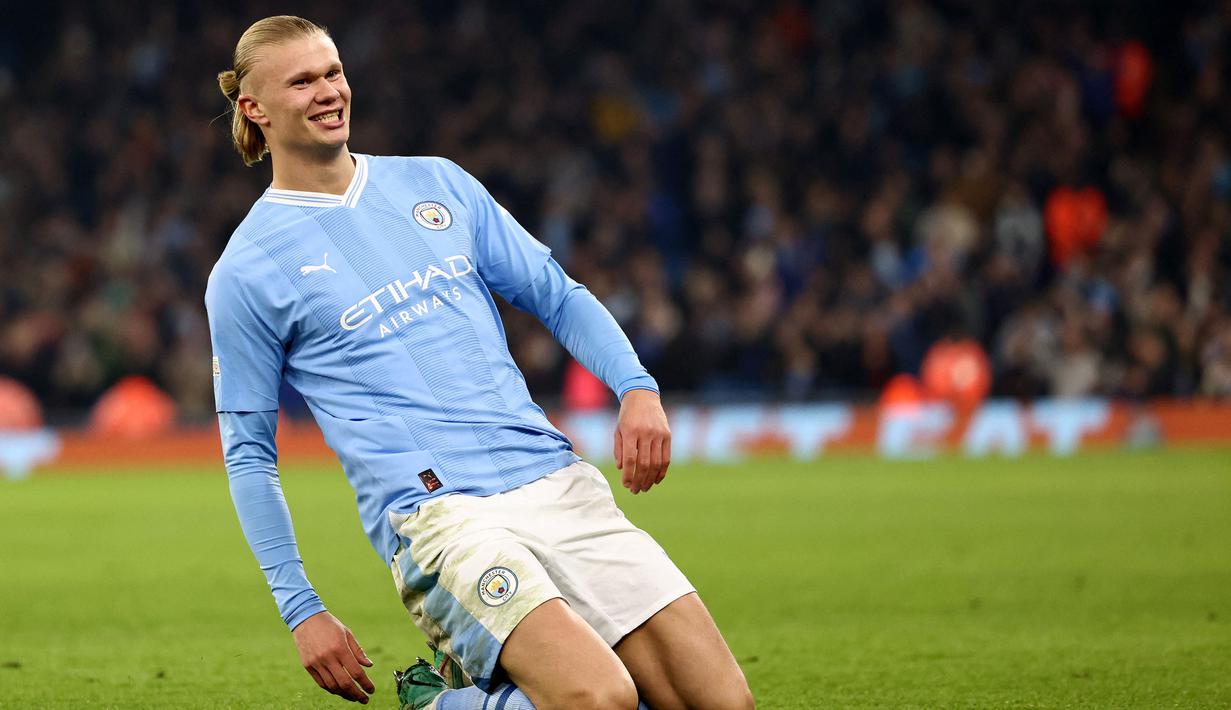 Rekor Haaland tersebut berhasil mengalahkan catatan yang mengalahkan kontrak sembilan tahun milik Cole Palmer di Chelsea. (AFP/Darren Staples)