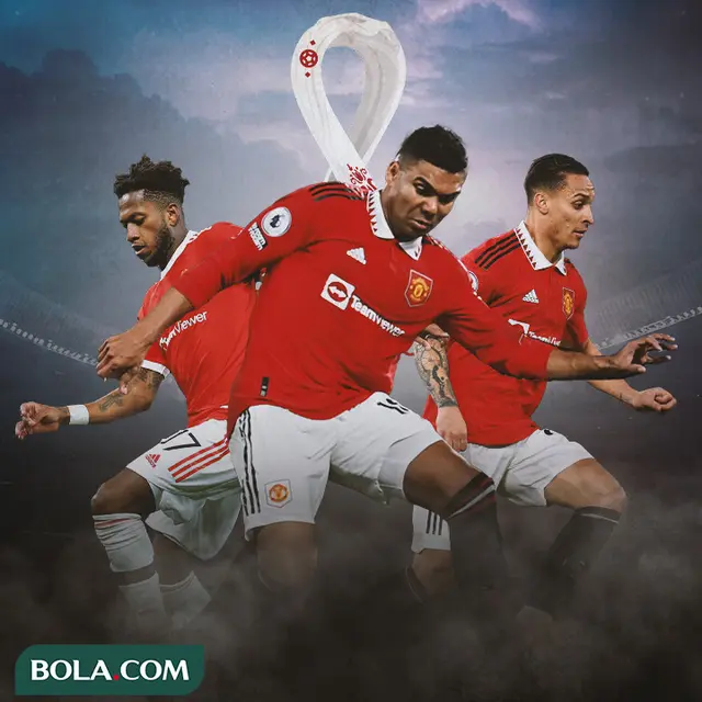 Ilustrasi - Antony, Casemiro, Fred Background logo Piala Dunia 2022