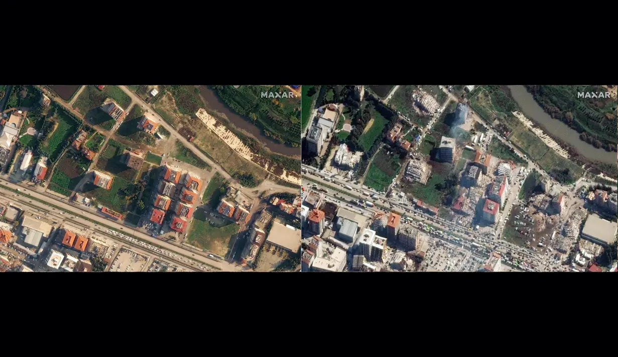 Kombinasi gambar yang dibuat dari citra satelit handout milik Maxar Technologies yang menunjukkan gambaran umum Antakya (foto kiri), Turki pada 22 Desember 2022, sebelum gempa bumi melanda wilayah tersebut pada 6 Februari 2023 dan gambar yang menunjukkan gedung-gedung yang runtuh di Antakya (foto kanan), Turki pada 8 Februari 2023, setelah gempa bumi berkekuatan 7,8 SR yang melanda wilayah tersebut pada 6 Februari 2023. Para pejabat dan petugas medis setempat mengatakan 9.057 orang telah tewas di Turki dan 2.992 sehingga totalnya mencapai 12.049. (AFP/CITRA SATELIT ©2023 MAXAR TECHNOLOGIES)
