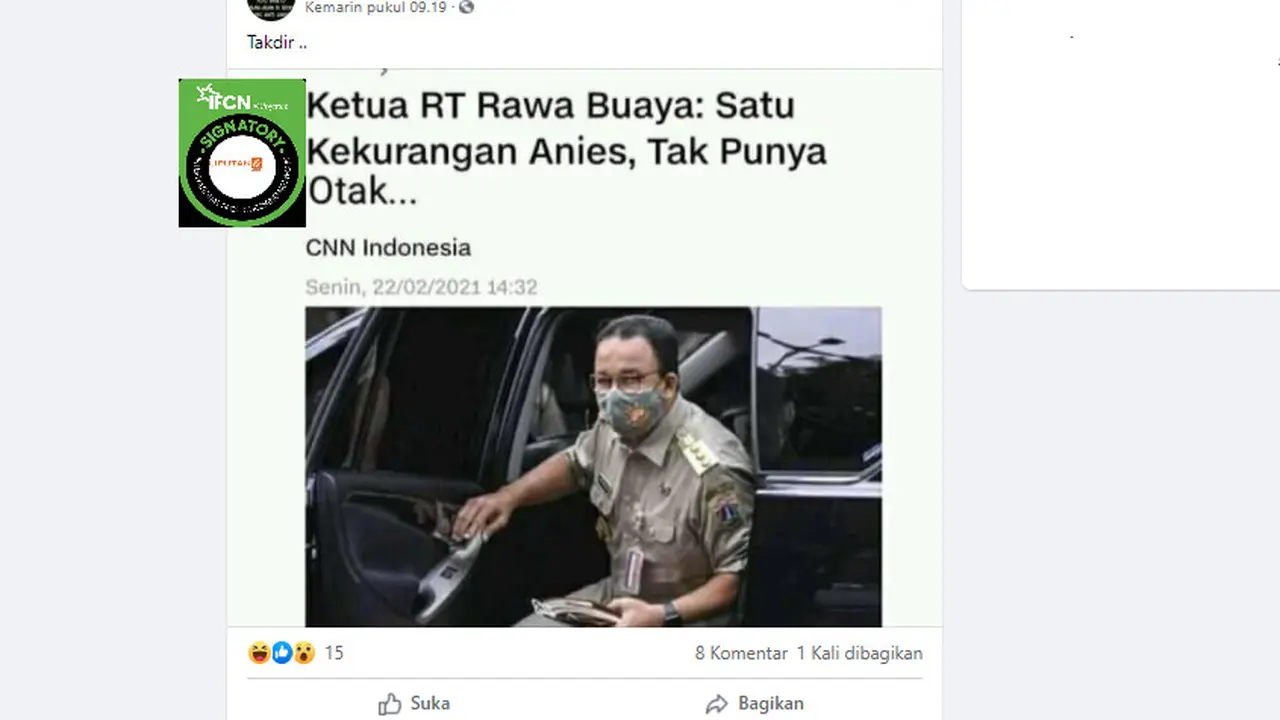 Penelusuran klaim judul artikel CNN Indonesia ketua RT Rawa Buaya menyebut kekurangan Anies tak punya otak