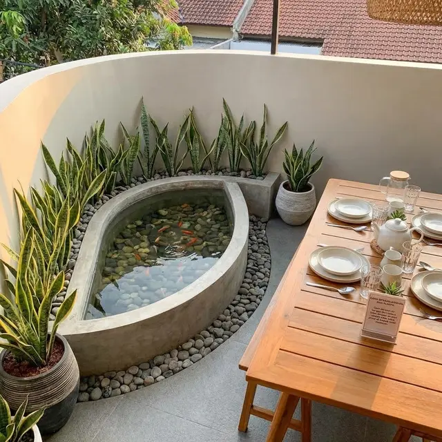 Ide Teras Adem Kombinasi Tanaman Hias dan Kolam Mini