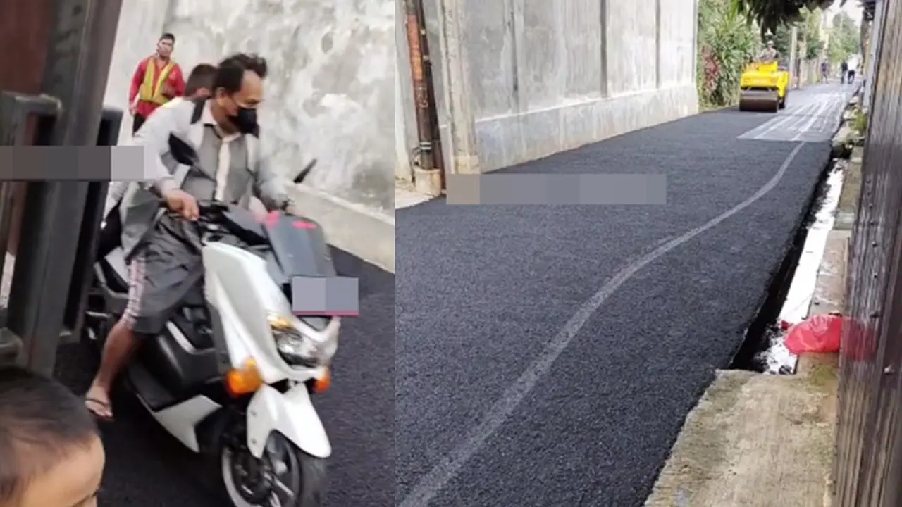 Pemotor melintasi jalan baru diperbaiki (TikTok/@pahlawan_sentong)