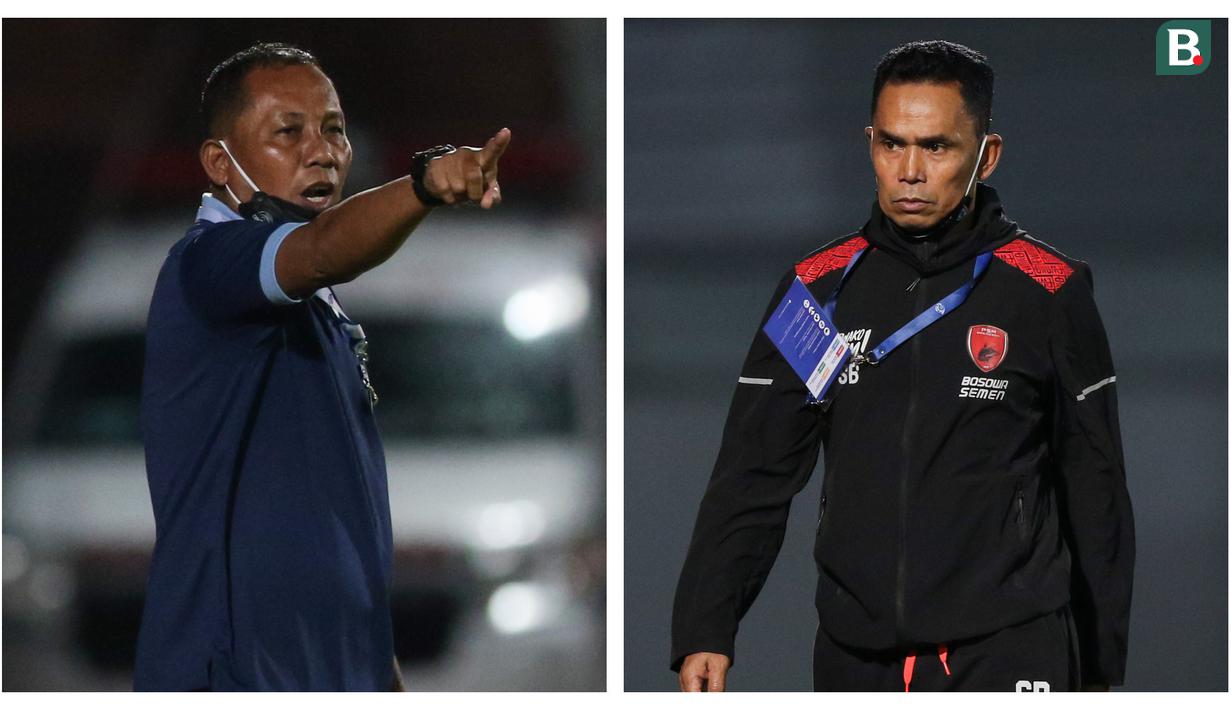 Dua pelatih interim, Ragil Sudirman (kiri) di kubu Persela Lamongan dan Syamsuddin Batola di kubu PSM Makassar saling berhadapan dalam laga pekan ke-15 BRI Liga 1 2021/2022 di Stadion Moch. Soebroto, Magelang, Kamis (02/12/2021). (Bola.com/Bagaskara Lazuardi).