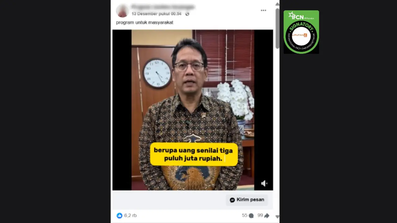 Tangkapan layar klaim video Menkeu Purbaya Yudhi Sadewa membuka program bantuan senilai Rp 30 juta yang beredar di Facebook.