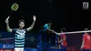 Ganda putra Indonesia, Kevin Sanjaya Sukomuljo merayakan kemenangan usai melawan Ong Yew Sin/Teo Ee Yi (Malaysia) di 16 besar Indonesia Open 2018, Istora GBK, Jakarta, Kamis (5/7). Kevin/Marcus unggul 21-18, 21-12. (Liputan6.com/Helmi Fithriansyah)