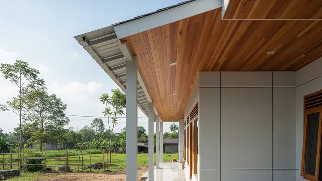 Rumah Minimalis di desa dengan Atap Limas dari material Baja Ringan dan Plafon Kayu.