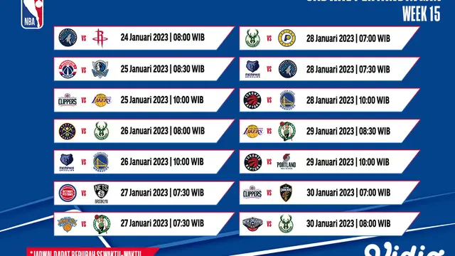 Jadwal dan Live Streaming NBA 2022/2023 Week 15 di Vidio, 24-30 Januari 2023