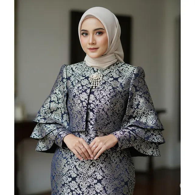 Gamis Brokat Kombinasi Lengan Tiga Lapis Terbaru 2025 (Foto: Gemini AI)