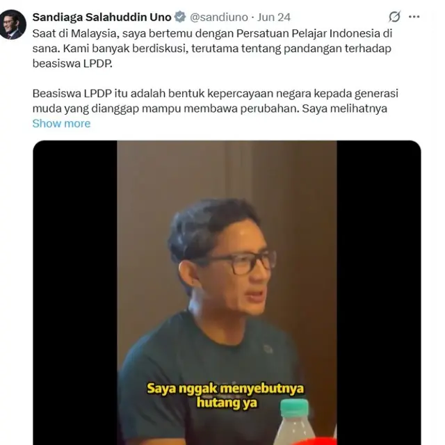 Sandiaga Uno Ungkap Alasan Larang Anaknya Ambil Beasiswa LPDP.  foto: X @sandiuno