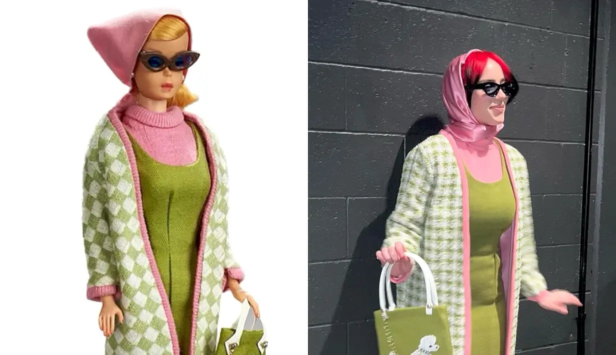 Untuk menyempurnakan penampilannya di atas panggung, Billie Eilish turut berdandan ala boneka Barbie. Kali ini, ia tampil ala Poodle Parade Barbie edisi terbatas tahun 1965. [@billieeilish/@andrewmukamal]