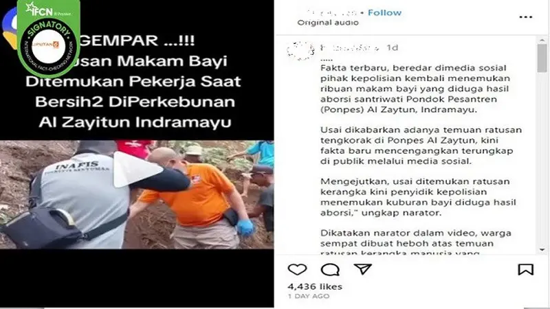 Beredar video hoaks yang diklaim penemuan ratusan makam bayi di perkebunan Pondok Pesantren Al Zaytun, Indramayu, Jawa Barat (sumber: Instagram).