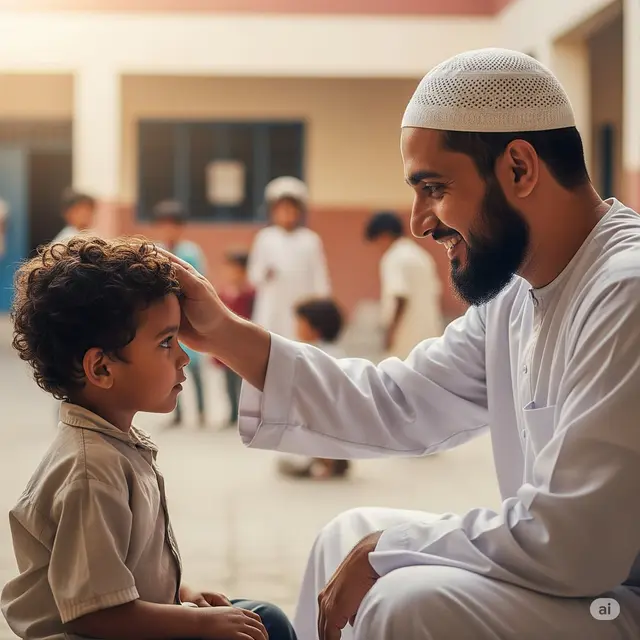 Seorang Pria Muslim Mengusap Kepala Anak Yatim