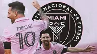 Inter Miami - Ilustrasi Lionel Messi dan Logo (Bola.com/Adreanus Titus)