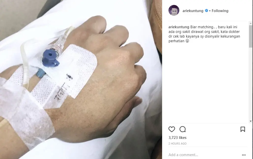 Diinfus, Arie Untung jatuh sakit (Foto: Instagram)