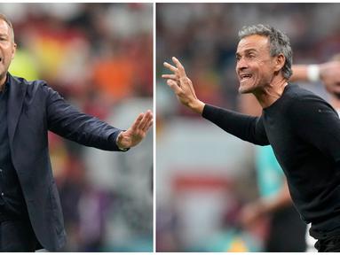 Foto kolase dari pelatih timnas Jerman, Hansi Flick (kiri) dan pelatih Spanyol, Luis Enrique saat memberikan instruksi kepada timnya dalam pertandingan grup E Piala Dunia 2022 antara Spanyol melawan Jerman yang berlangsung di Al Bayt Stadium, Senin (28/11/2022) dini hari WIB. Buntu di babak pertama, kedua pelatih tersebut mengandalkan pemain pengganti untuk mencetak gol di babak kedua. (Foto-foto: AP Photo/Luca Bruno, Matthias Schrader)