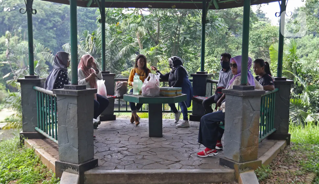 Sejumlah pengunjung bersantai di Kebun Raya Bogor, Jawa Barat, Selasa (7/7/2020). Kebun Raya Bogor menerapkan pemesanan tiket secara daring serta kapasitas pengunjung dibatasi hanya 50 persen. (Liputan6.com/Herman Zakharia)
