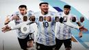 Pesawat yang membawa Timnas Argentina dengan gambar Lionel Messi (tengah), Angel Di Maria (kiri), dan Rodrigo De Paul tiba di Bandara Internasional Hamad, Doha, Qatar, Kamis (17/11/2022). Argentina akan memainkan pertandingan pertama di Piala Dunia 2022 melawan Arab Saudi pada 22 November. (AP Photo/Hassan Ammar)