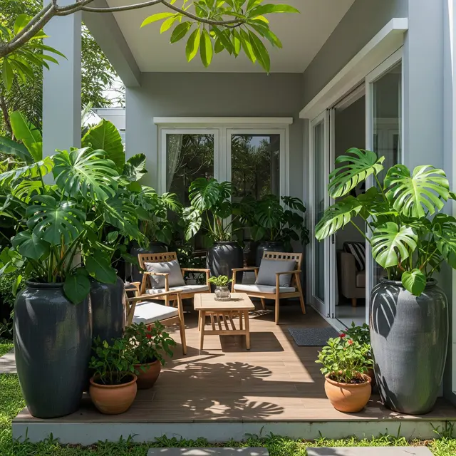 9 Model Teras Rumah Minimalis Ala Taman Tropis dengan Pot Besar, Kesejukan Alami
