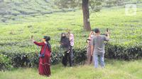 Warga berkeliling kebun teh di pinggir jalan raya yang menghubungkan Bogor-Cianjur di kawasan Gunung Mas, Puncak, Jawa Barat, Minggu (17/5/2020). Kegiatan ngabuburit atau menunggu waktu berbuka puasa ini melanggar aturan PSBB karena mengundang kerumunan massa. (merdeka.com/Arie Basuki)