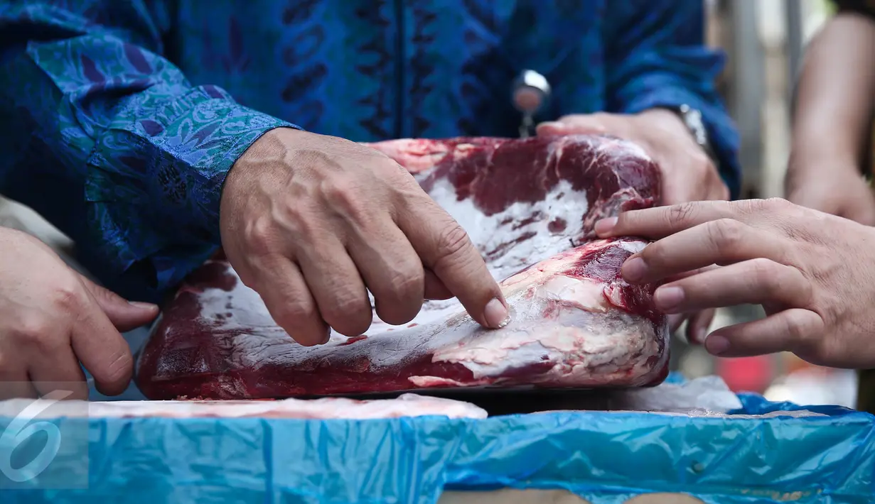 Direktur Utama Bulog Djarot Kusumayakti ketika mengecek daging sapi beku yang baru tiba di Gudang Bulog, Jakarta Utara, Kamis (9/6). Perum Bulog hari ini menerima kedatangan daging sapi beku sebanyak 300 ton asal Australia. (Liputan6.com/Faizal Fanani)